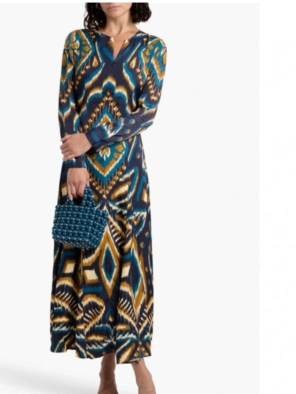 FARM Rio Blue Pineapple Ikat Maxi Dress Long Sleeve L